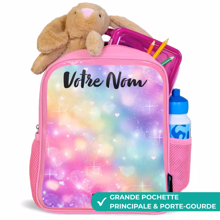 Sac à dos enfant avec nom - Rose - Lumière - Arc-en-ciel - Cœurs — 2