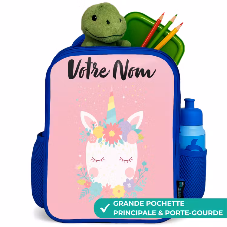 Sac à dos enfant avec nom - Bleu - Licorne - Fleurs - Rose — 5