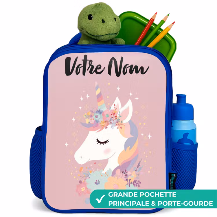 Sac à dos enfant avec nom - Bleu - Licorne - Rose - Fleurs — 5