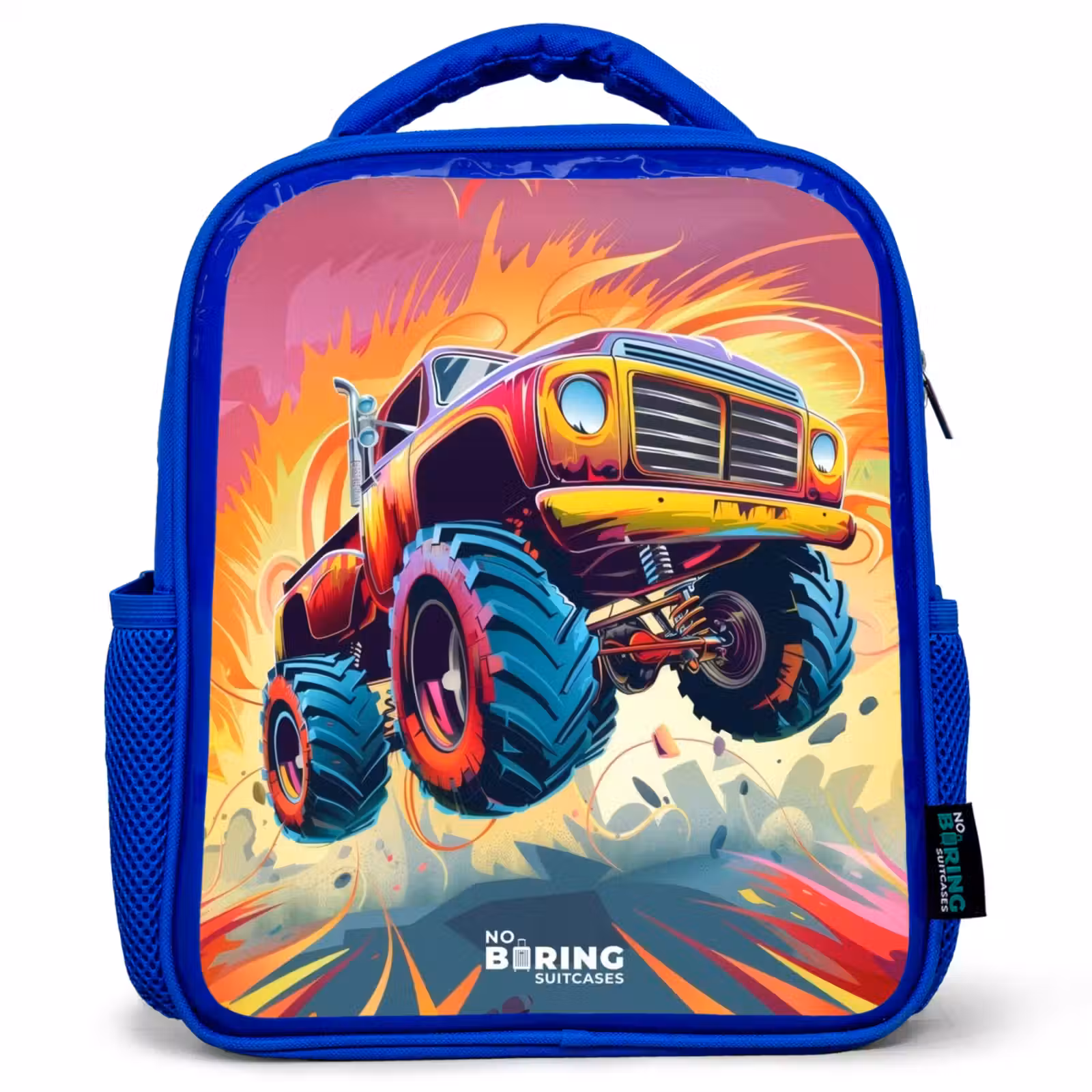 Sac à dos enfant - Bleu - Le Monster Truck rose survole l'asphalte — 1