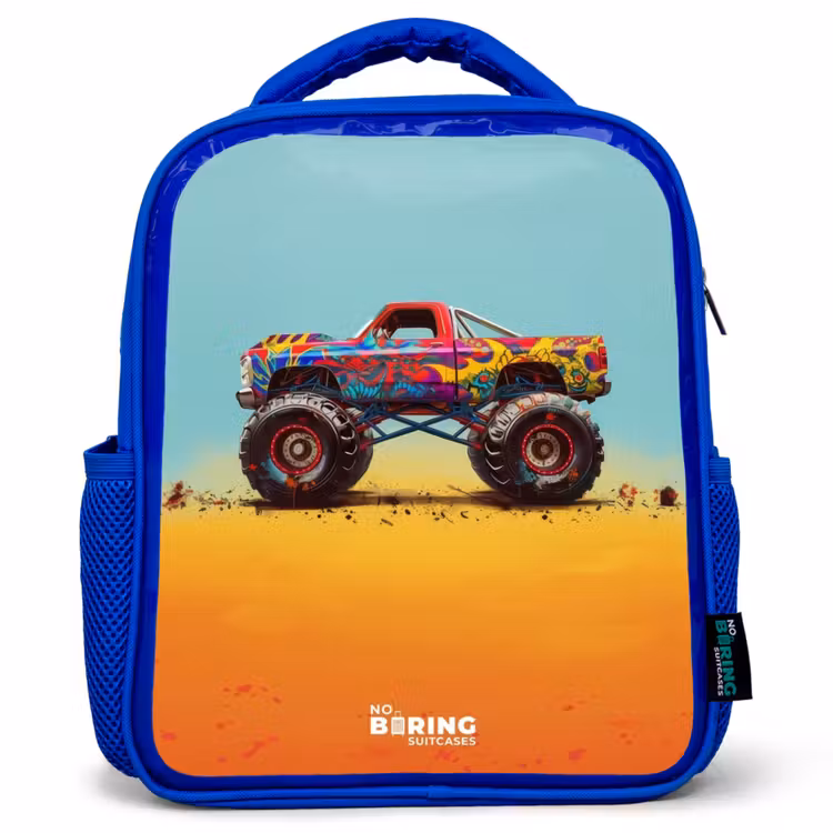 Sac à dos enfant - Bleu - Camion monstre avec impression de graffiti dans le sable — 1