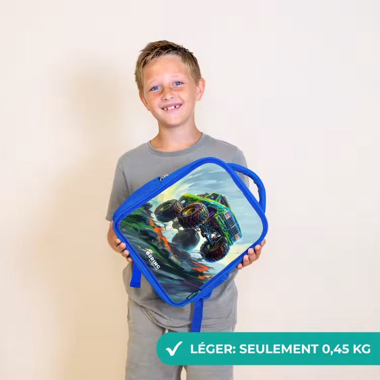 Sac à dos enfant - Bleu - Camion monstre vert avec coups de pinceau — 3