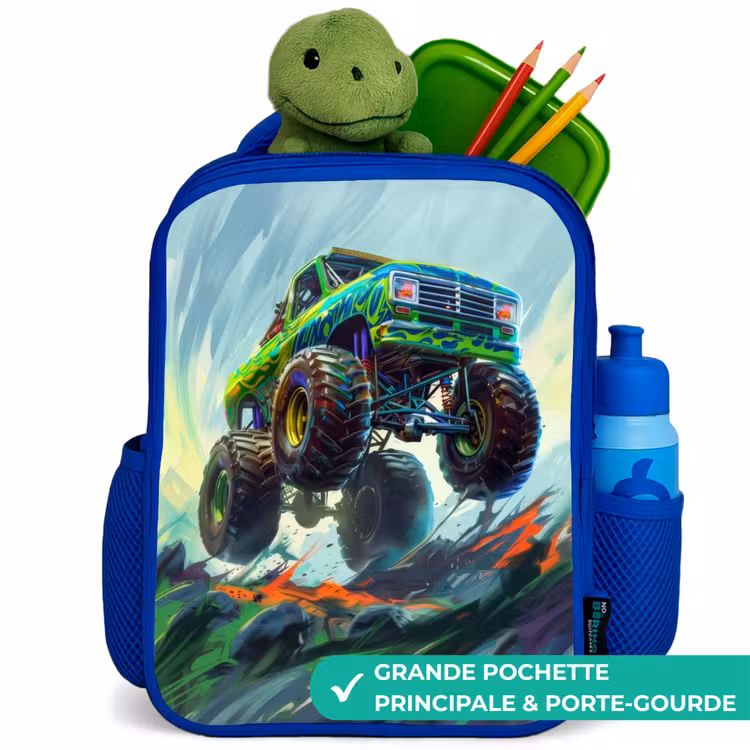 Sac à dos enfant - Bleu - Camion monstre vert avec coups de pinceau — 5
