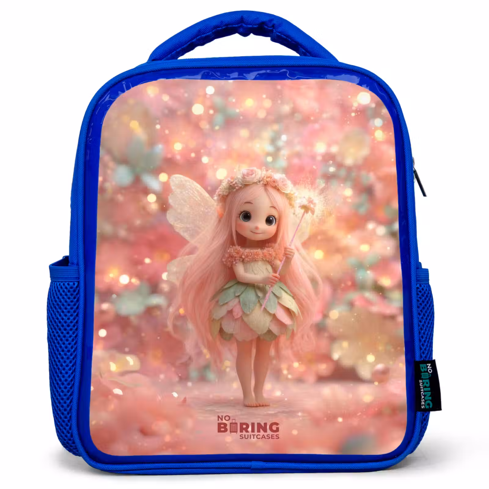 Sac à dos enfant avec nom - Bleu - Fée des fleurs dans un monde de conte de fées rose — 1