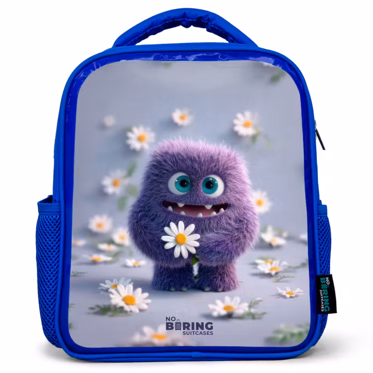 Sac à dos enfant avec nom - Bleu - Ami pelucheux violet avec marguerite — 1