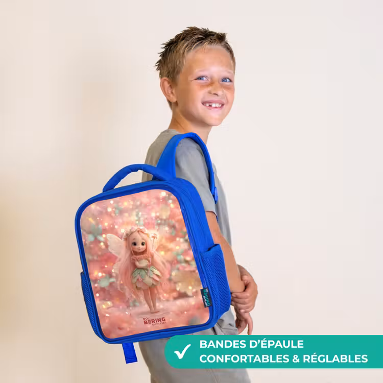 Sac à dos enfant avec nom - Bleu - Fée des fleurs dans un monde de conte de fées rose — 4