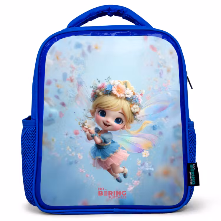 Sac à dos enfant avec nom - Bleu - Fée papillon dans l'air des fleurs — 1