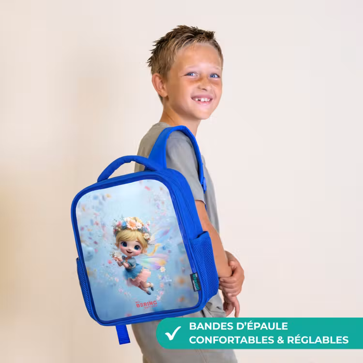 Sac à dos enfant avec nom - Bleu - Fée papillon dans l'air des fleurs — 4