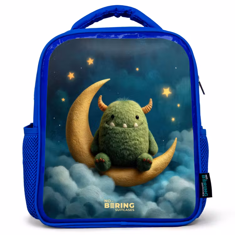 Sac à dos enfant avec nom - Bleu - Monstre vert sur croissant de lune — 1