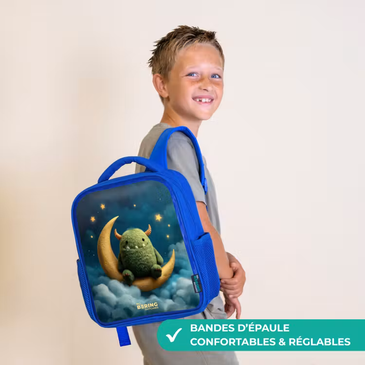 Sac à dos enfant avec nom - Bleu - Monstre vert sur croissant de lune — 4