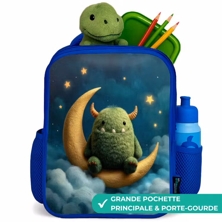 Sac à dos enfant avec nom - Bleu - Monstre vert sur croissant de lune — 5