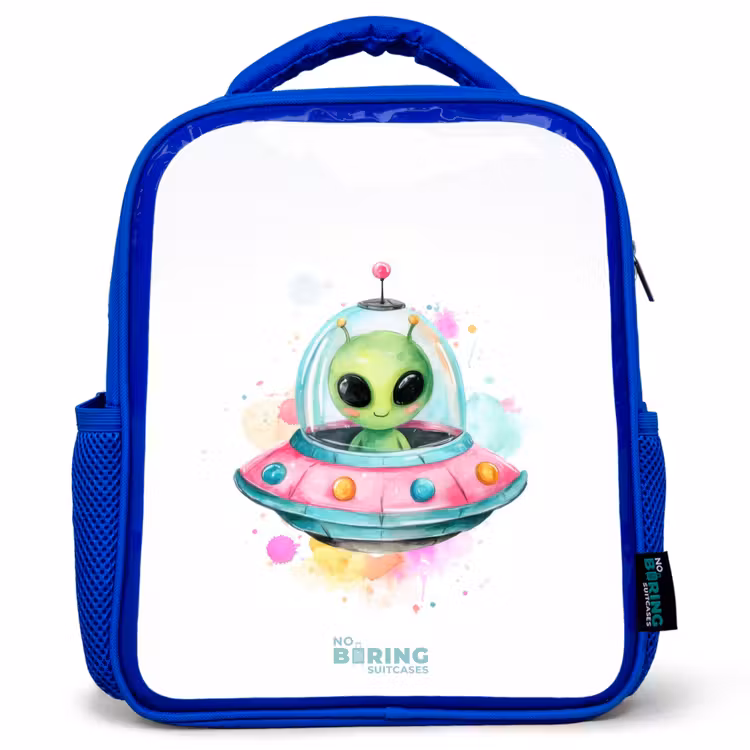 Sac à dos enfant avec nom - Bleu - Un extraterrestre vert dans un OVNI coloré — 1