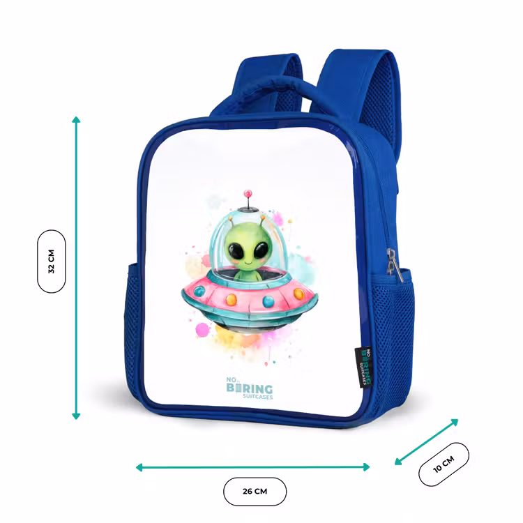 Sac à dos enfant avec nom - Bleu - Un extraterrestre vert dans un OVNI coloré — 6