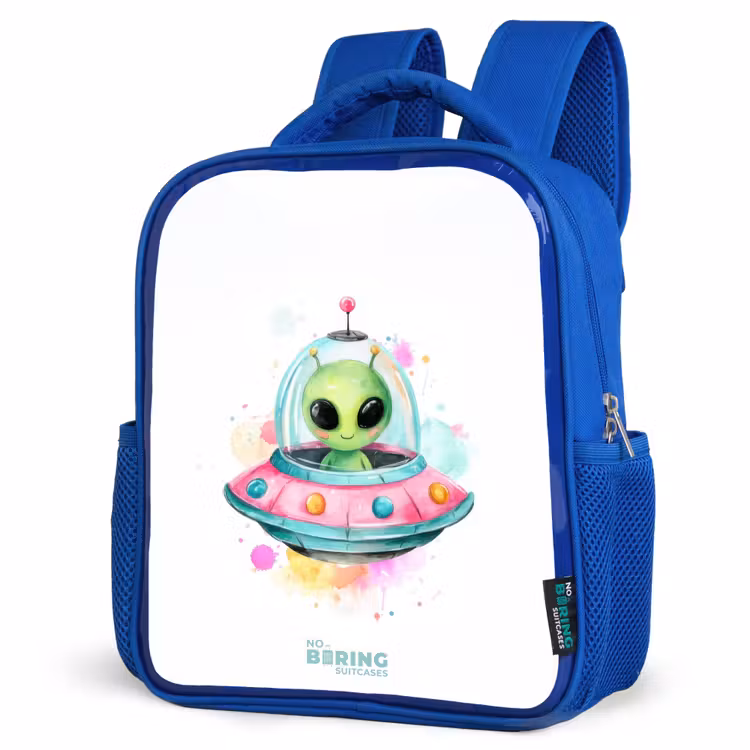 Sac à dos enfant avec nom - Bleu - Un extraterrestre vert dans un OVNI coloré — 7