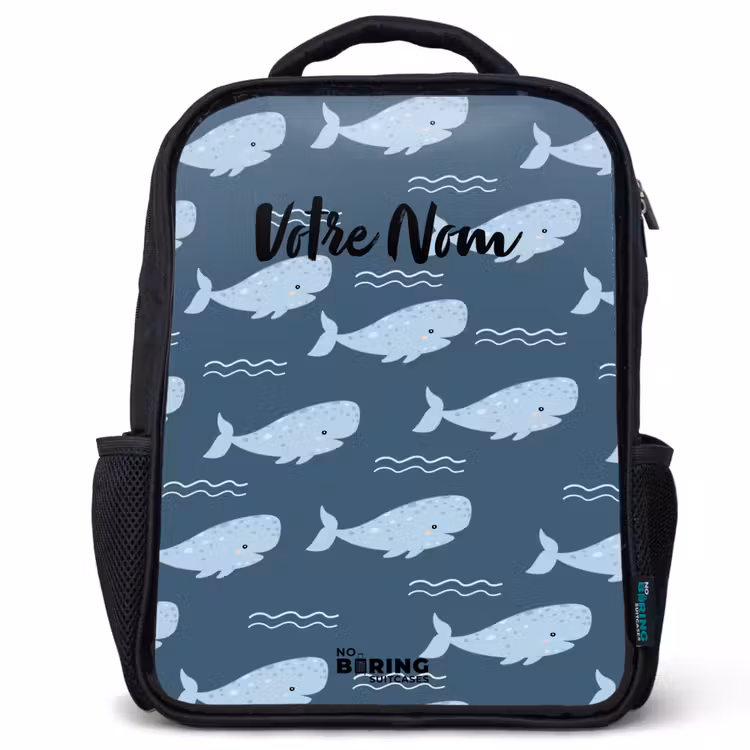 Sac à dos enfant - Noir - Baleine avec motifs de vagues bleu — 1