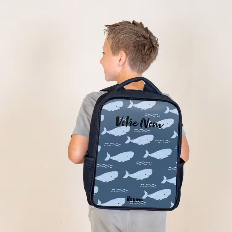 Sac à dos enfant - Noir - Baleine avec motifs de vagues bleu — 2
