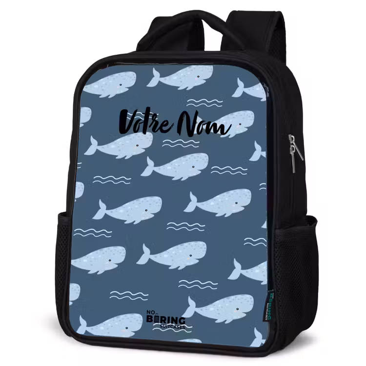 Sac à dos enfant - Noir - Baleine avec motifs de vagues bleu — 6