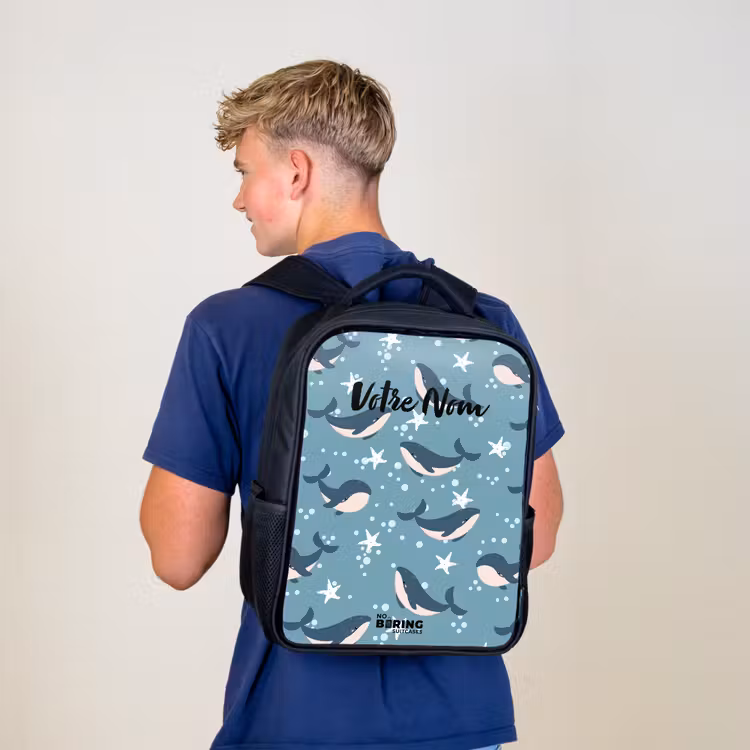 Sac à dos enfant - Noir - Baleines avec motif d'étoile de mer bleu — 5