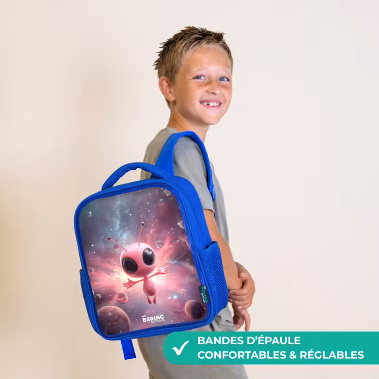 Sac à dos enfant avec nom - Bleu - Alien rose dans une nébuleuse d'étoiles — 4
