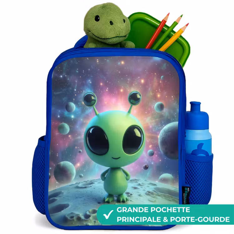 Sac à dos enfant avec nom - Bleu - Créature extraterrestre verte sur un paysage lunaire — 5