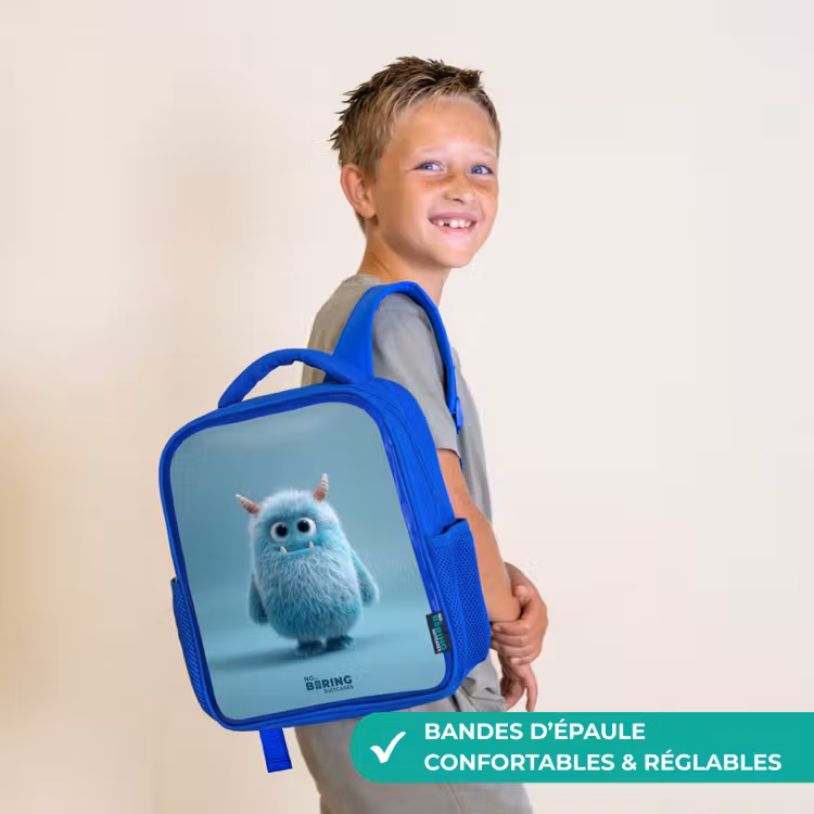 Sac à dos enfant avec nom - Bleu - Monstre bleu en peluche avec des cornes — 4