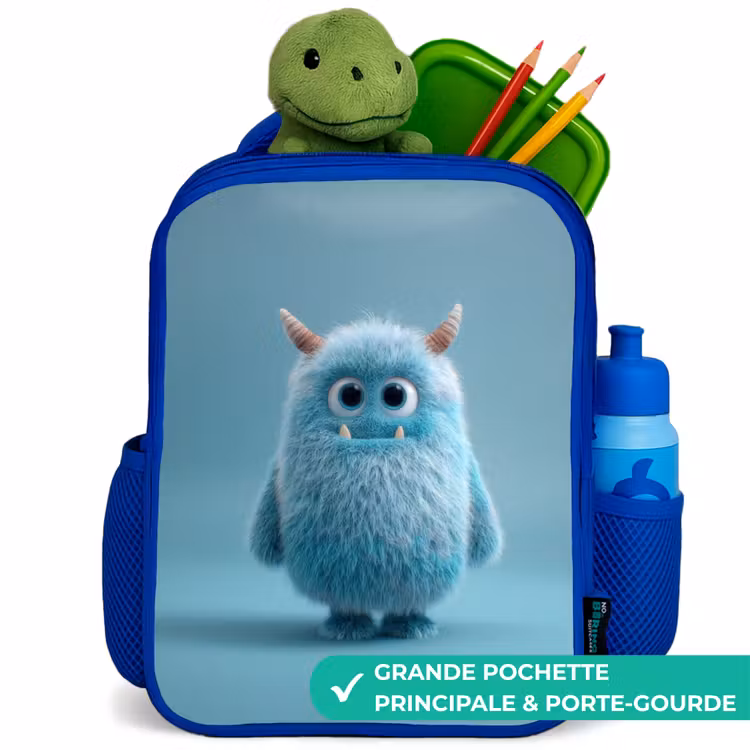 Sac à dos enfant avec nom - Bleu - Monstre bleu en peluche avec des cornes — 5