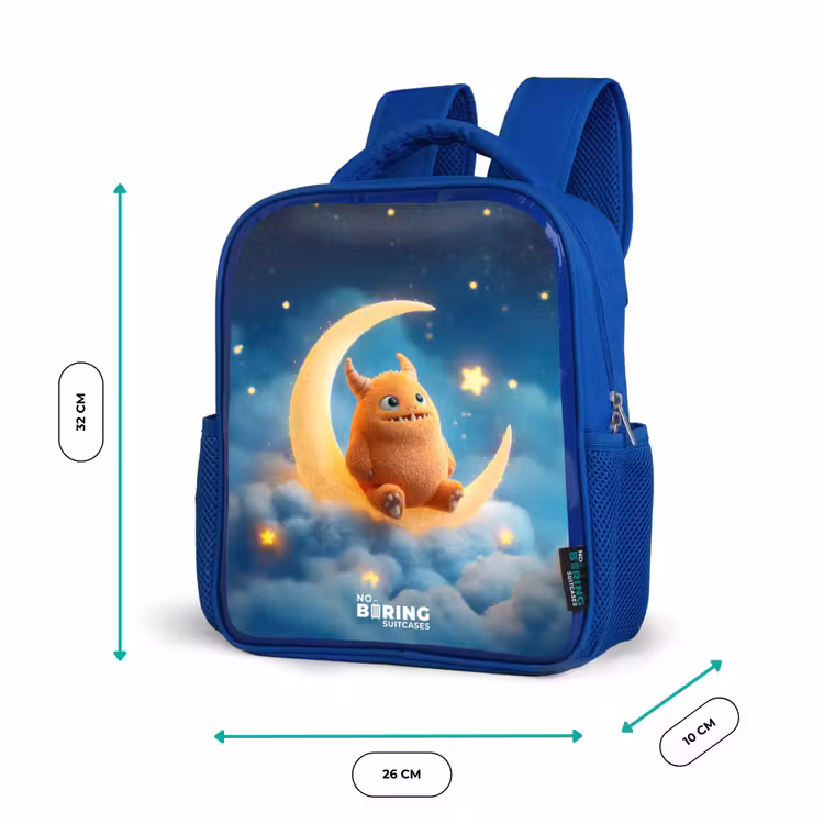 Sac à dos enfant avec nom - Bleu - Monstre orange sur croissant de lune — 6