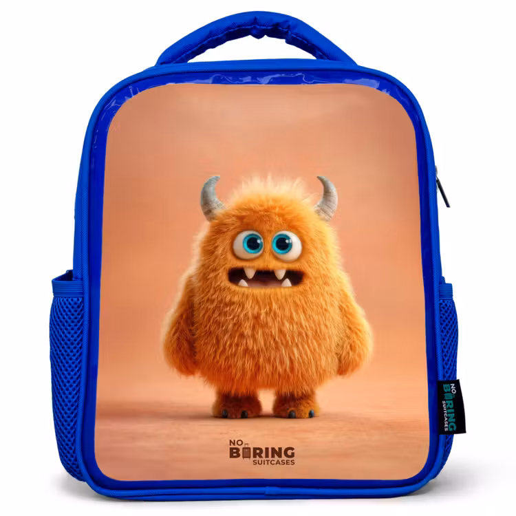 Sac à dos enfant avec nom - Bleu - Monstre pelucheux orange avec cornes — 1