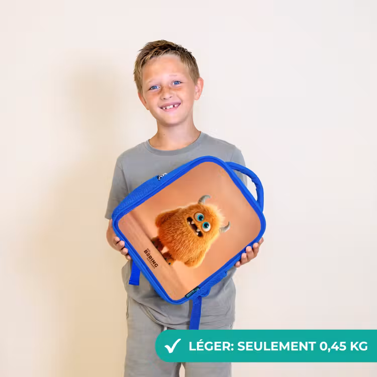 Sac à dos enfant avec nom - Bleu - Monstre pelucheux orange avec cornes — 3