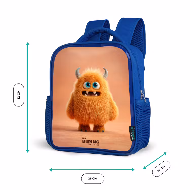 Sac à dos enfant avec nom - Bleu - Monstre pelucheux orange avec cornes — 6