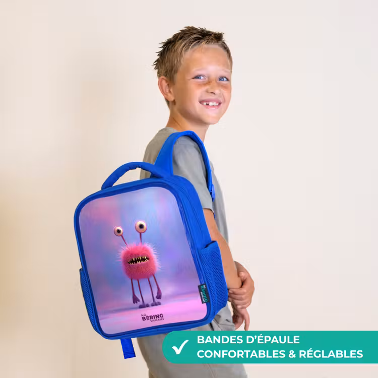 Sac à dos enfant avec nom - Bleu - Monstre rose à fourrure avec de grands yeux — 4