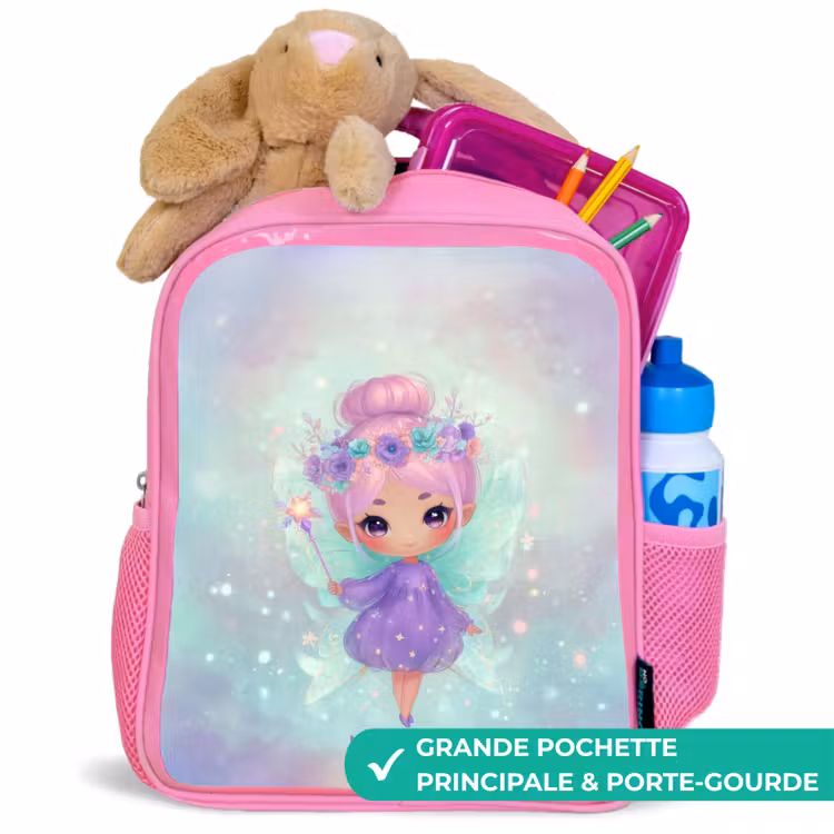 Sac à dos enfant avec nom - Rose - Fée des fleurs en pastel brillant — 2