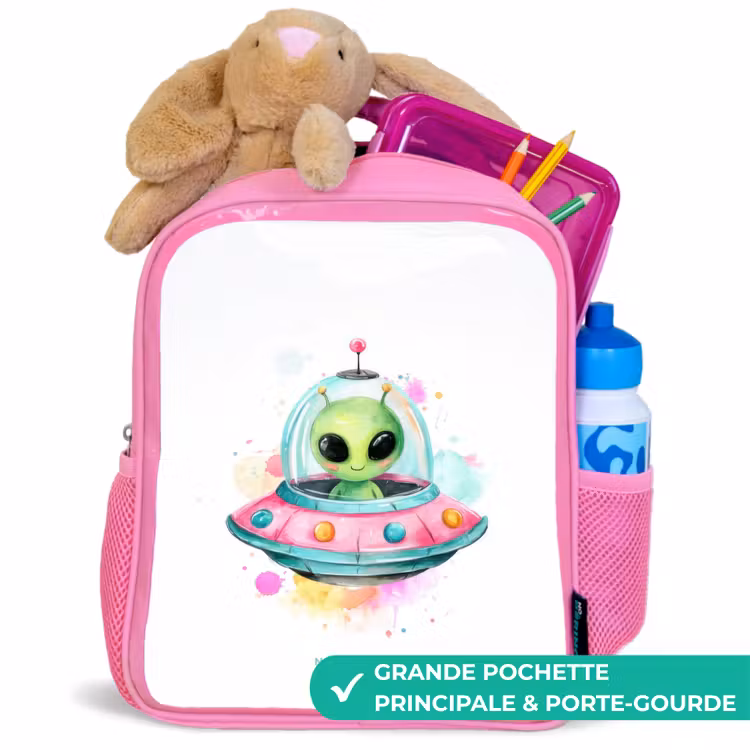 Sac à dos enfant avec nom - Rose - Un extraterrestre vert dans un OVNI coloré — 2