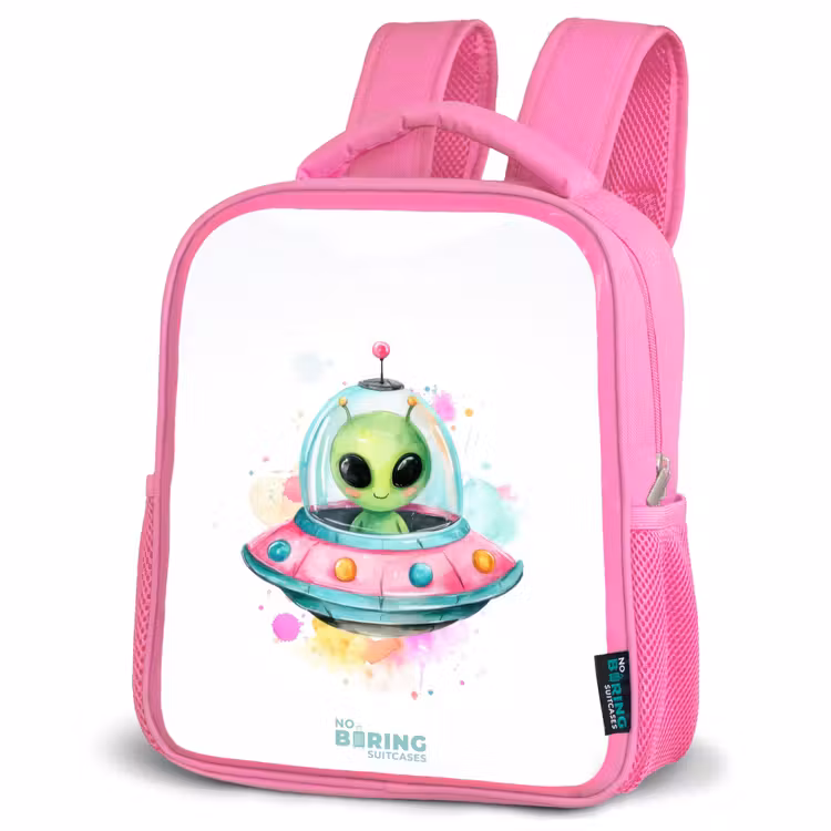 Sac à dos enfant avec nom - Rose - Un extraterrestre vert dans un OVNI coloré — 4