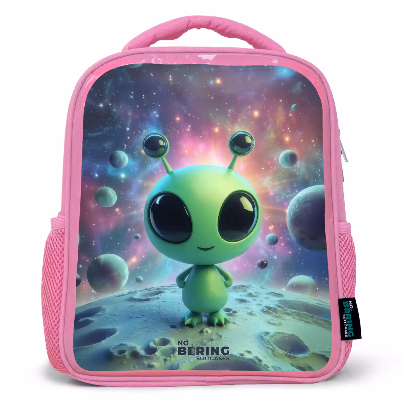 Sac à dos enfant avec nom - Rose - Créature extraterrestre verte sur un paysage lunaire — 1