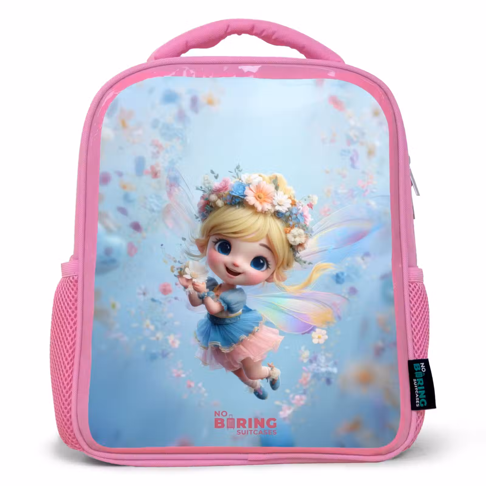 Sac à dos enfant avec nom - Rose - Fée papillon dans l'air des fleurs — 1