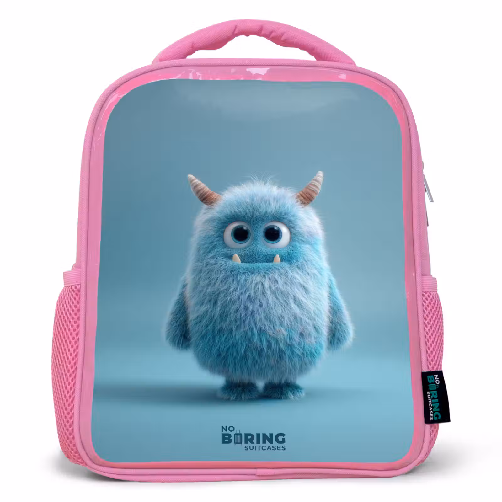 Sac à dos enfant avec nom - Rose - Monstre bleu en peluche avec des cornes — 1