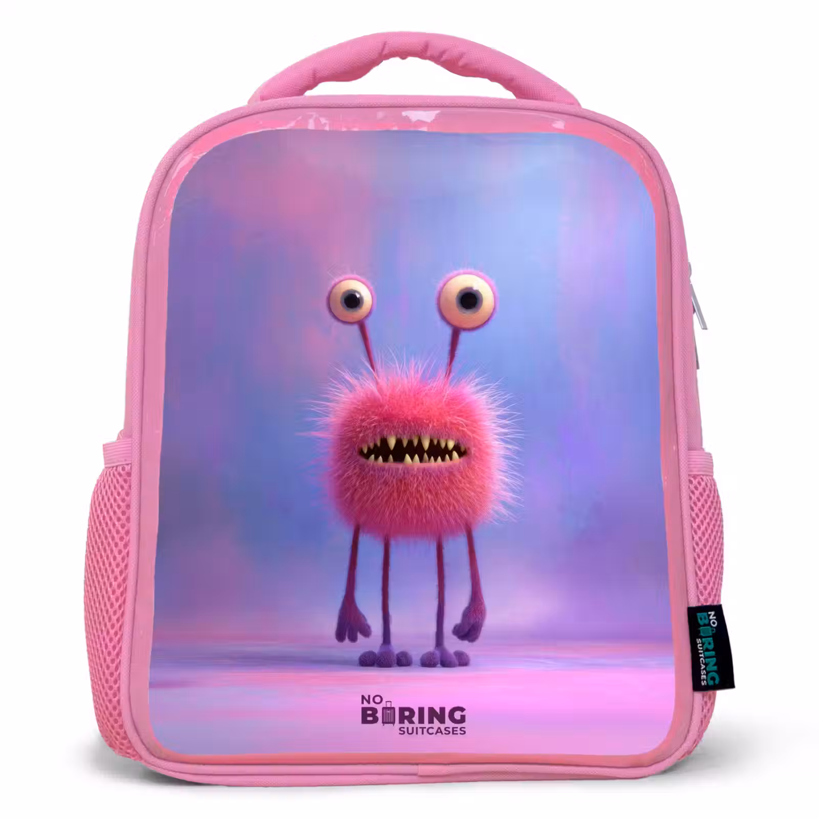 Sac à dos enfant avec nom - Rose - Monstre rose à fourrure avec de grands yeux — 1