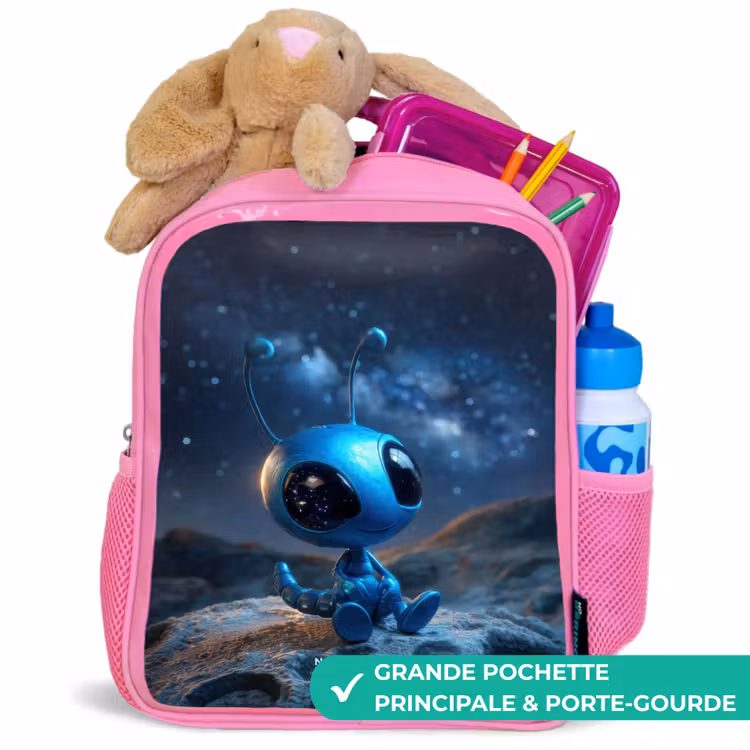 Sac à dos enfant avec nom - Rose - Créature extraterrestre bleue sous un ciel étoilé — 2