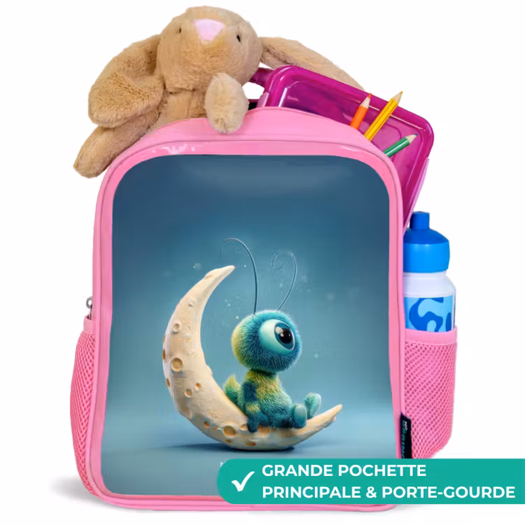 Sac à dos enfant avec nom - Rose - Créature rêveuse sur la lune — 2