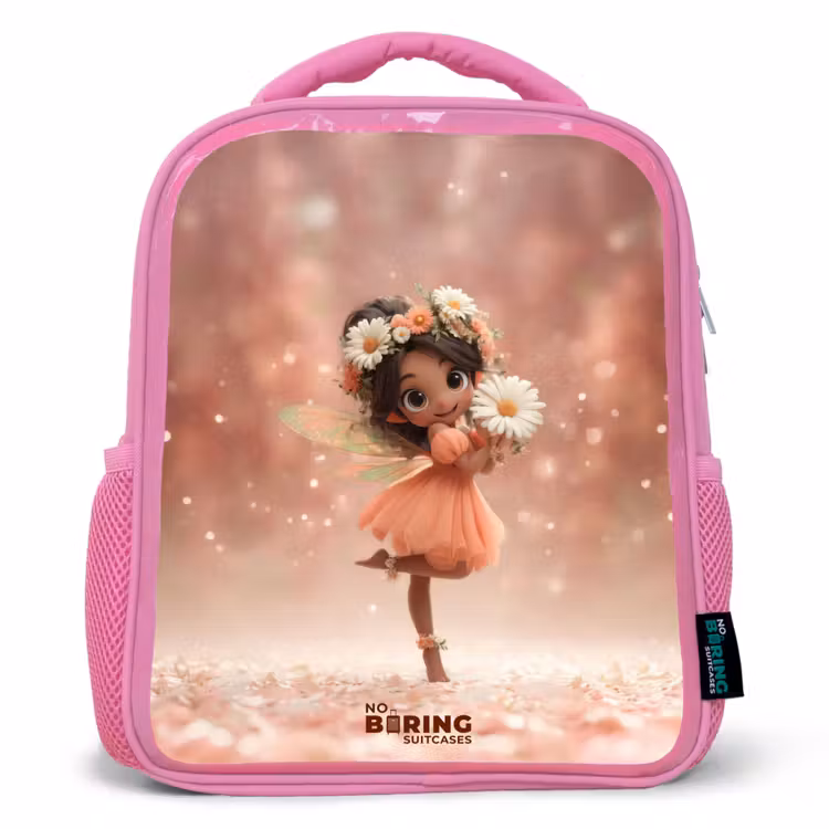 Sac à dos enfant avec nom - Rose - Fée avec marguerites — 1