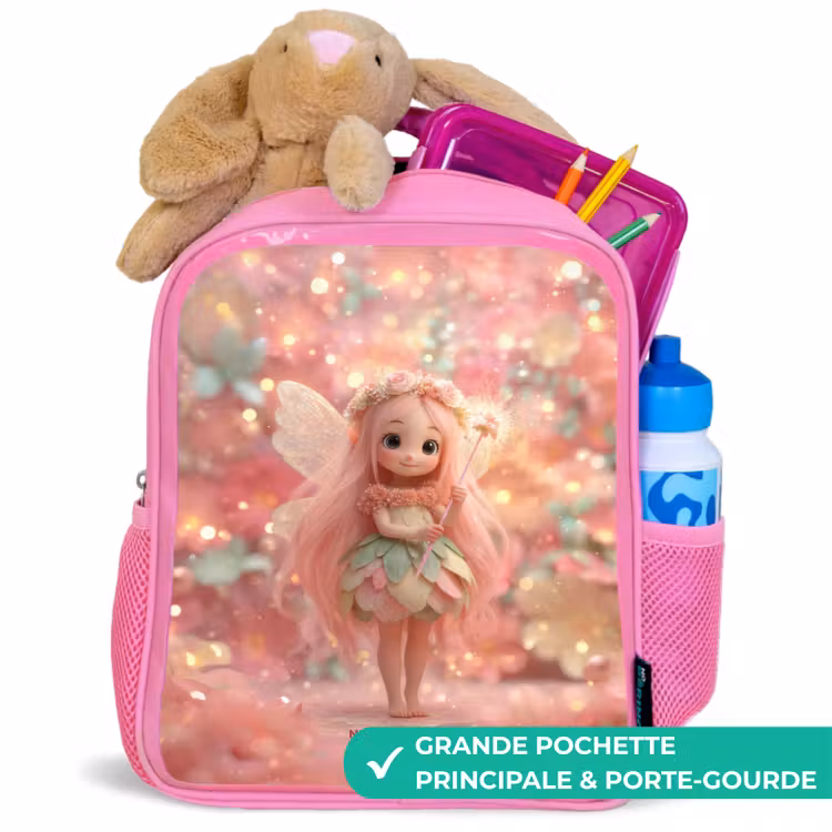 Sac à dos enfant avec nom - Rose - Fée des fleurs dans un monde de conte de fées rose — 2