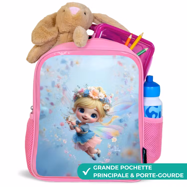 Sac à dos enfant avec nom - Rose - Fée papillon dans l'air des fleurs — 2