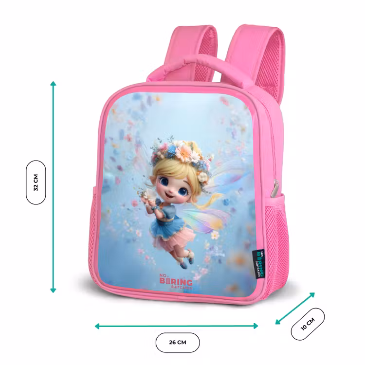 Sac à dos enfant avec nom - Rose - Fée papillon dans l'air des fleurs — 3