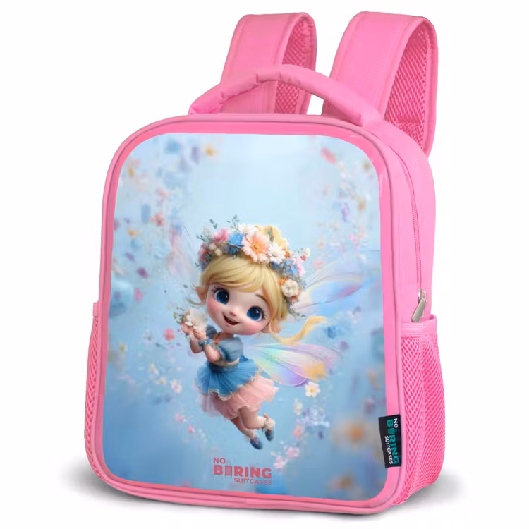 Sac à dos enfant avec nom - Rose - Fée papillon dans l'air des fleurs — 4