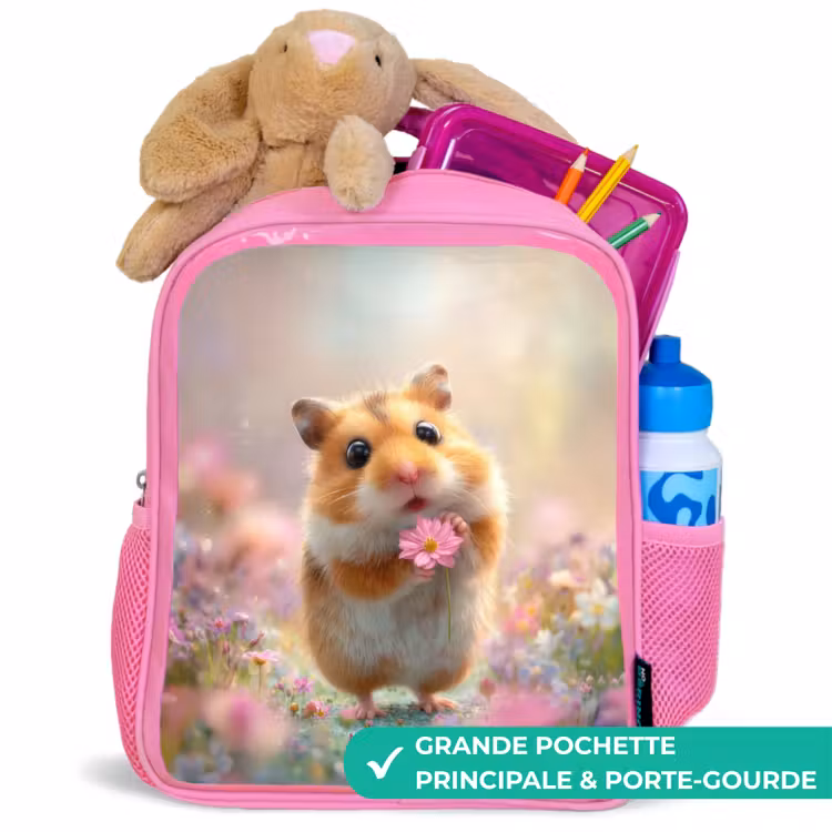Sac à dos enfant avec nom - Rose - Hamster - Fleur - Nature - Animal — 2