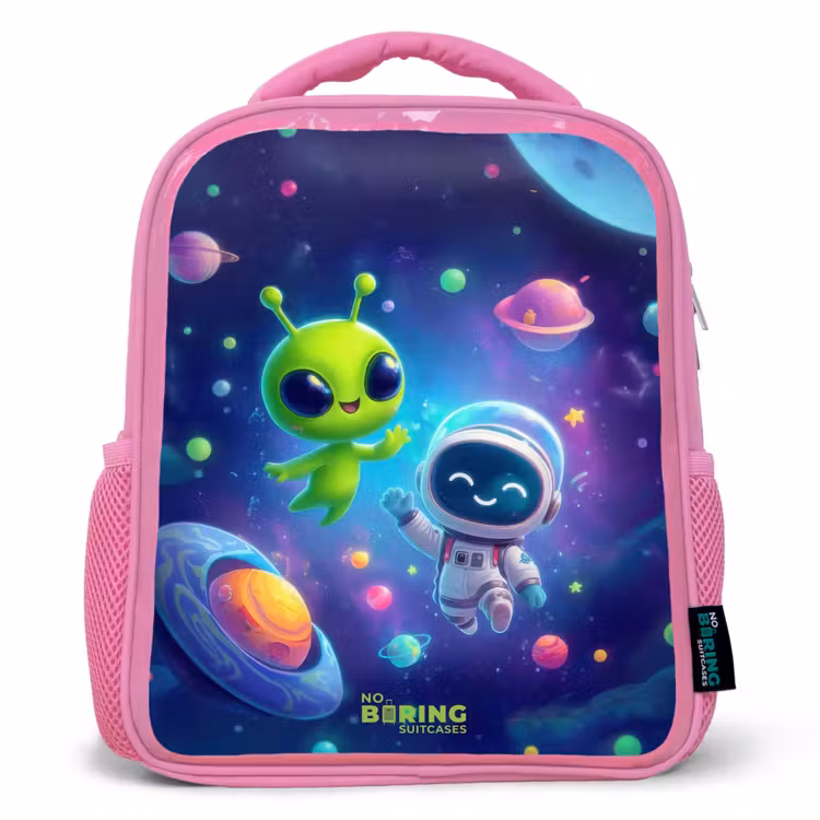 Sac à dos enfant avec nom - Rose - Joyeuse rencontre dans l'espace — 1