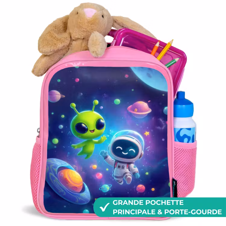 Sac à dos enfant avec nom - Rose - Joyeuse rencontre dans l'espace — 2