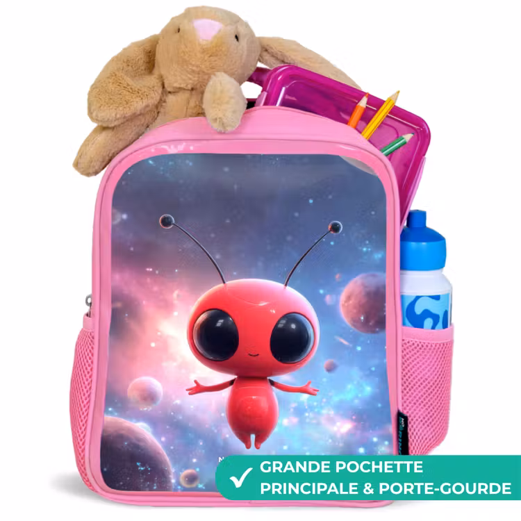 Sac à dos enfant avec nom - Rose - L'être de l'espace rouge dans la danse cosmique — 2