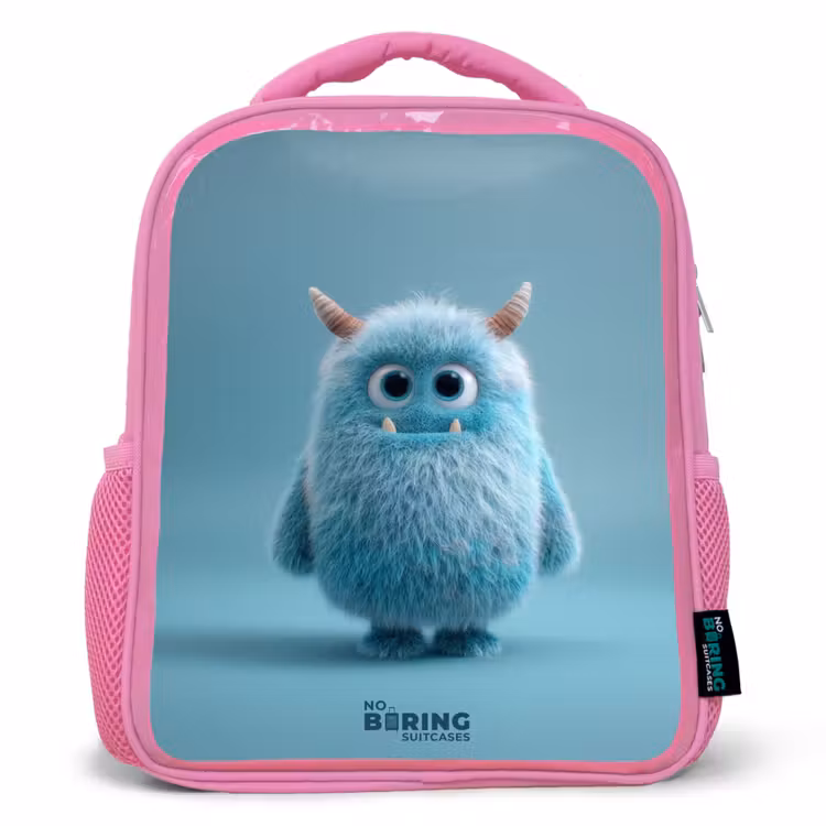 Sac à dos enfant avec nom - Rose - Monstre bleu en peluche avec des cornes — 1